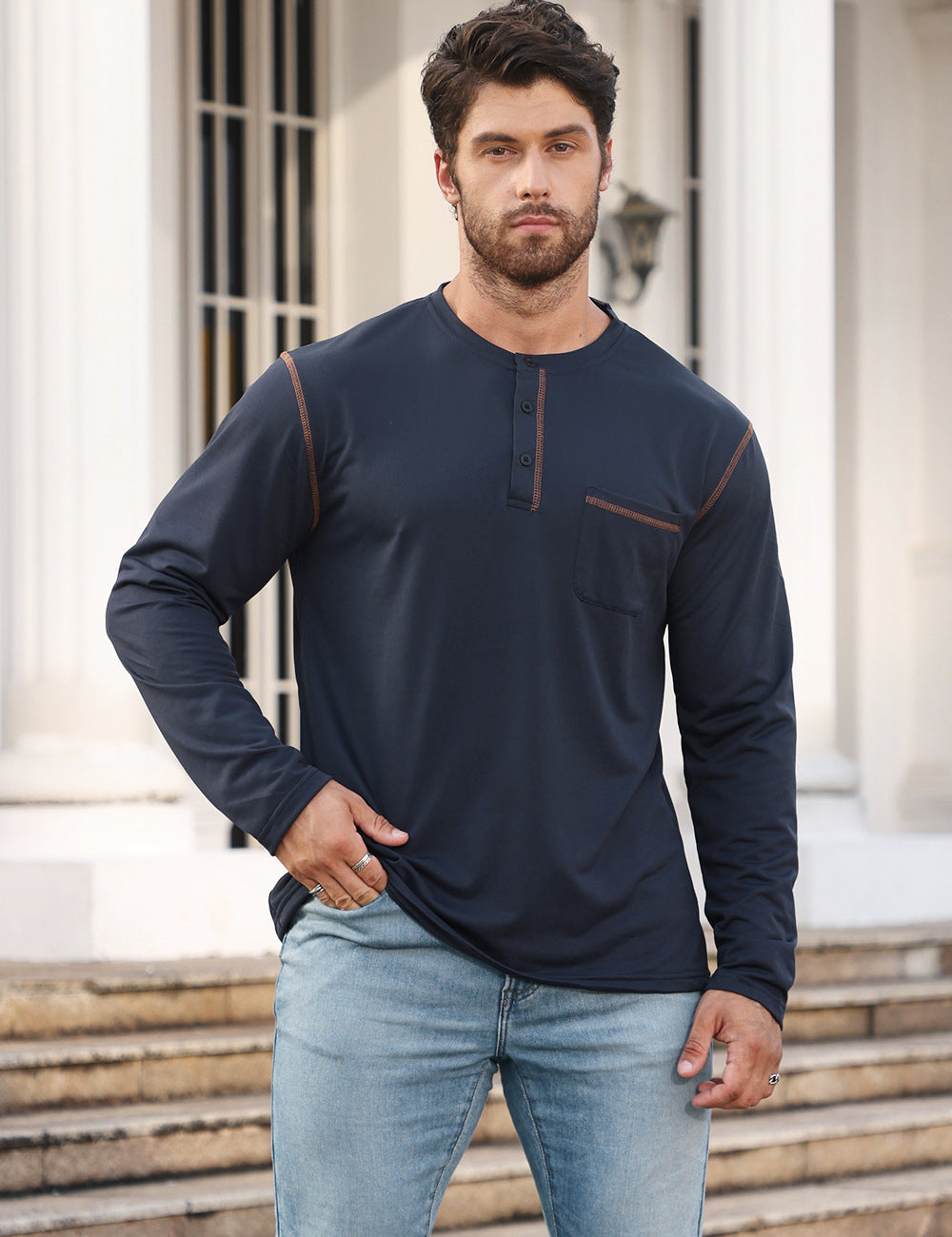 Men's Long Sleeve Shirt with Short Button Placket, Chest Pocket and Contrasting Decorative Stitching StylebySassy