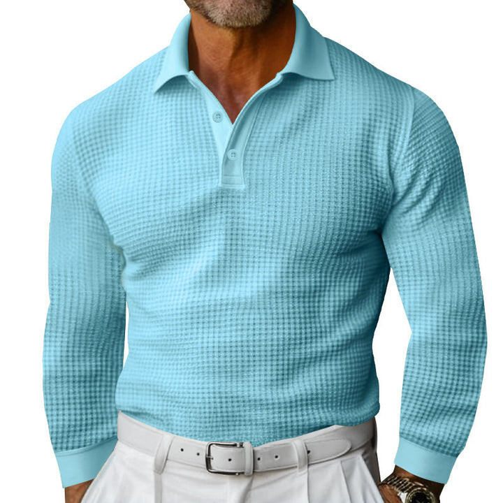 Men's long sleeve polo shirt made of waffle knit with a slim fit, concealed button placket, and shirt collar StylebySassy