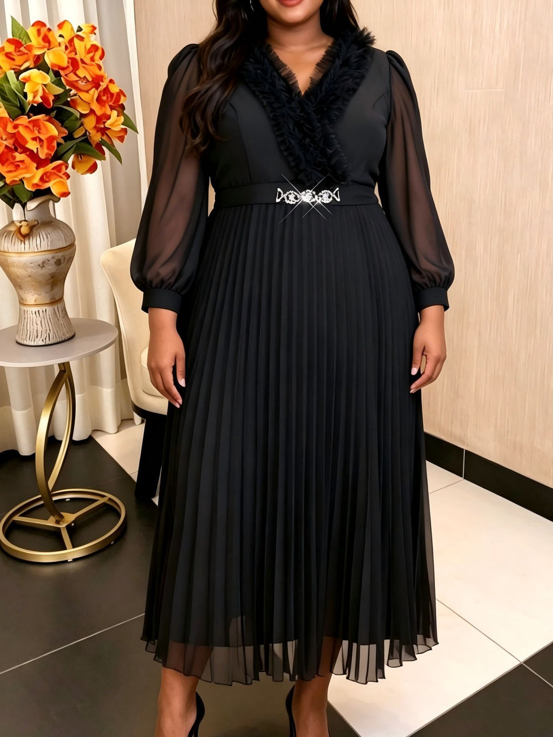 Women Elegant Pleated Midi Dress with Ruffle Details StylebySassy
