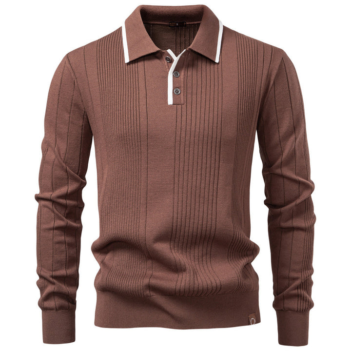Men's long-sleeved polo sweater made of fine knit with vertical ribbed intarsias and contrast edges StylebySassy