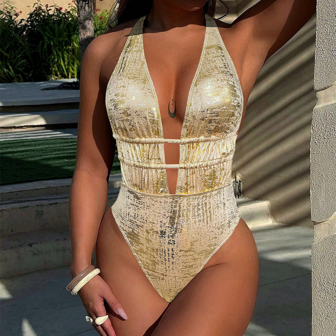 Ladies High-Cut One-Piece Swimsuit with Deep V-Neck and Glamorous Accents StylebySassy