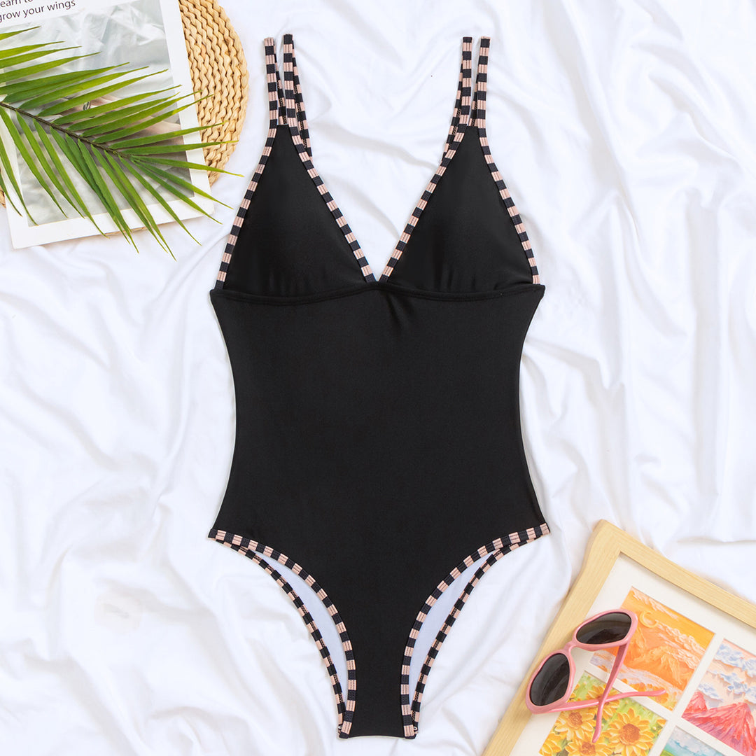 Women Elegant One-Piece Swimsuit with Stylish V-Neck and Check Details StylebySassy