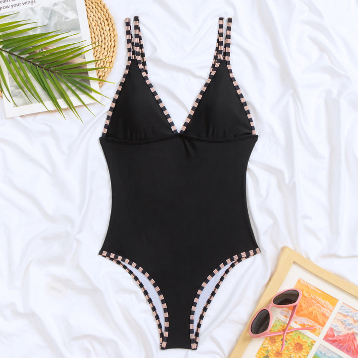 Women Elegant One-Piece Swimsuit with Stylish V-Neck and Check Details StylebySassy
