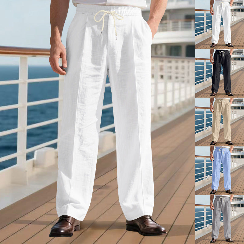 Men's light linen pleated trousers with elastic waistband and drawstring StylebySassy