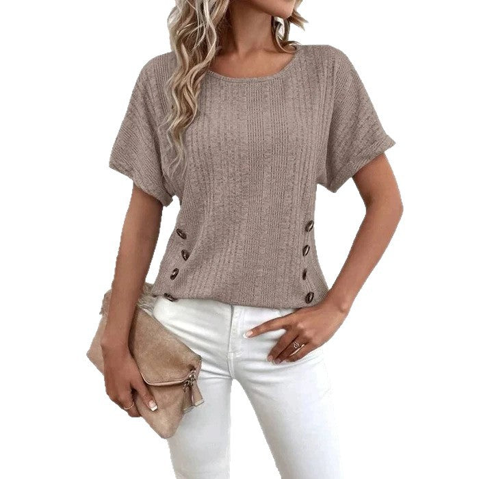 Ladies' knitted fine rib top with round neck and side decorative button placket StylebySassy