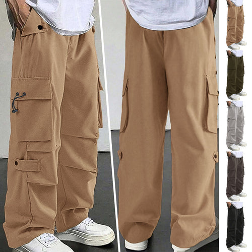 Men's baggy cargo pants with utilitarian flap pockets, drawstring waistband, and reinforced seams StylebySassy