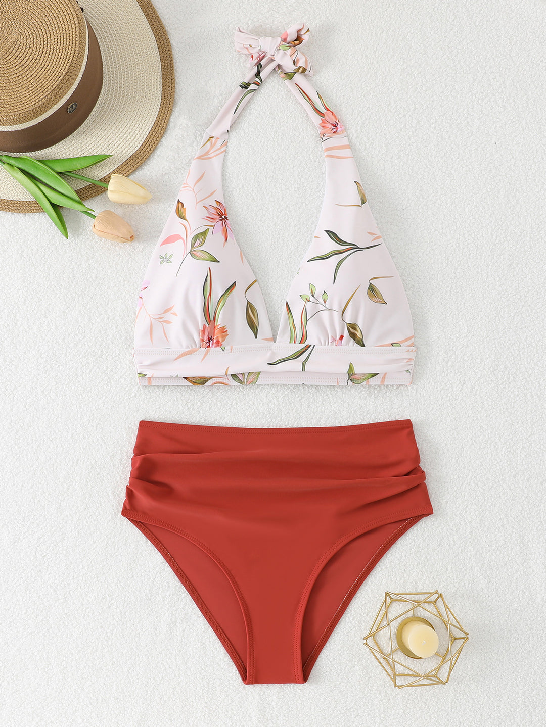 Ladies Beach Bikini Set with adjustable halter top and figure-hugging high-waisted shorts StylebySassy