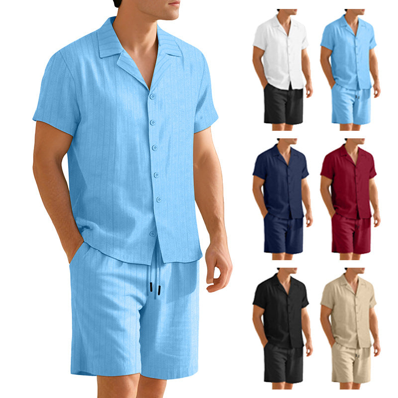 Men's ribbed knit lounge set with lapel collar short-sleeve shirt and comfort bermuda StylebySassy