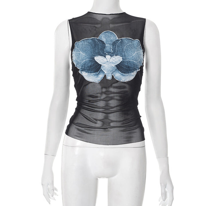 Women Sexy Crop Top with Transparent Fabric and Floral Denim Design StylebySassy