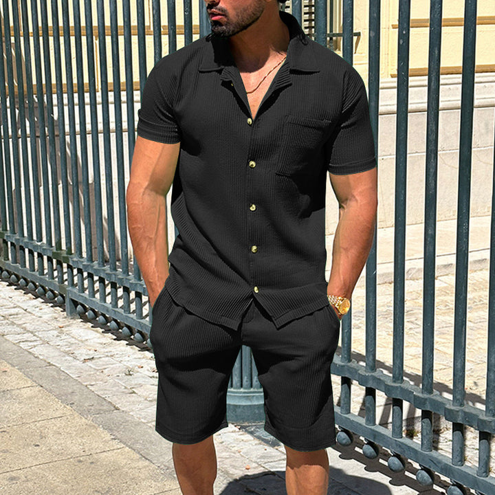 Men's casual two-piece leisure set made of ribbed jersey with shirt collar button placket and shorts StylebySassy