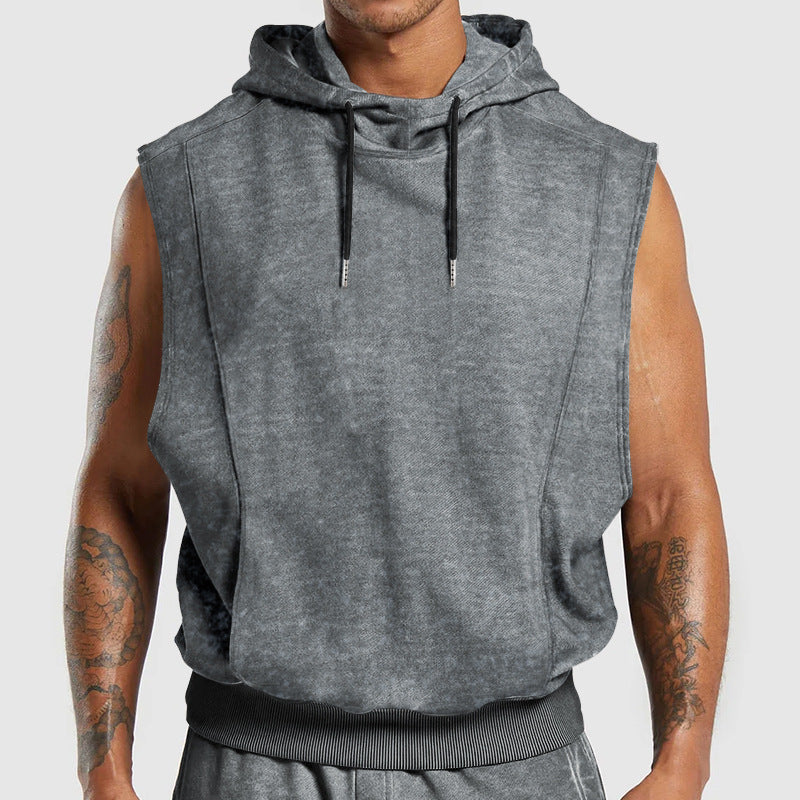 Men's sleeveless hoodie in stone-wash look with deep armholes and ribbed hem StylebySassy