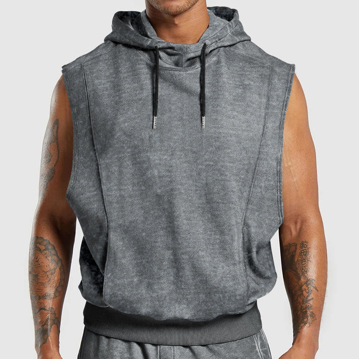 Men's sleeveless hoodie in stone-wash look with deep armholes and ribbed hem StylebySassy
