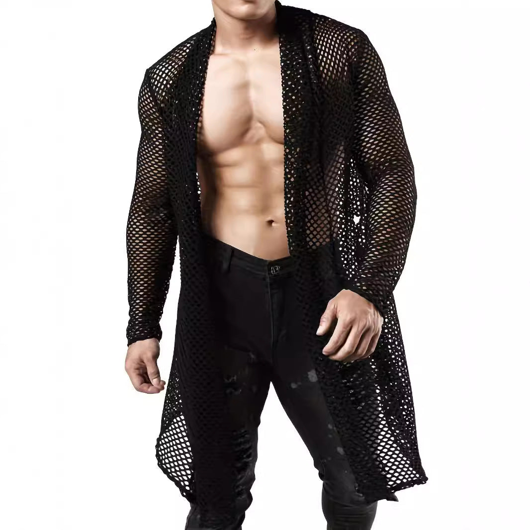Men's longer crocheted net coat with open cut and figure-hugging fit StylebySassy