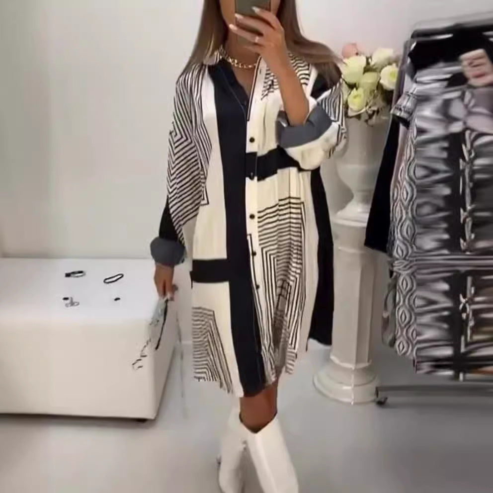 Women's knee-length A-line shirt dress with graphic line print, concealed button placket, and oversized cuffs StylebySassy