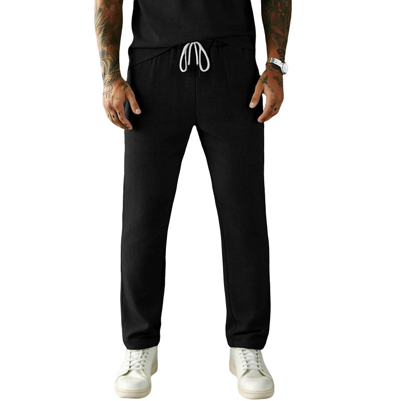 Men's narrow-cut comfort pants with elastic waistband, drawstring, and fine ribbed structure StylebySassy