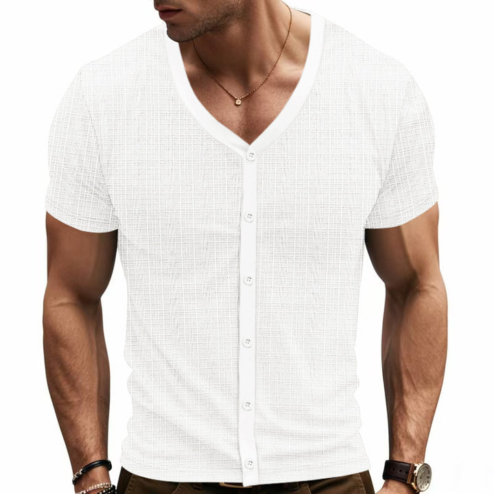 Men's short-sleeve fine knit cardigan with V-neck and continuous button placket StylebySassy