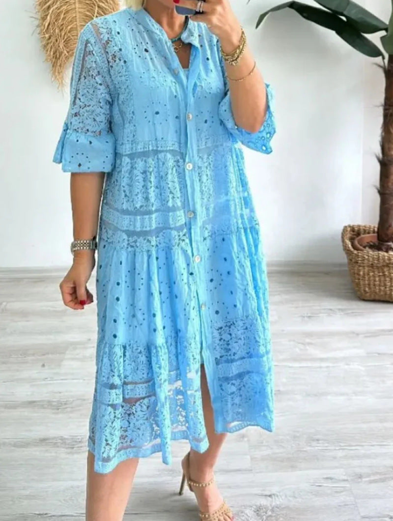Women's romantic midi dress with broderie anglaise, buttoned top, stand-up collar, half-length flounce sleeves, and tiered hem StylebySassy