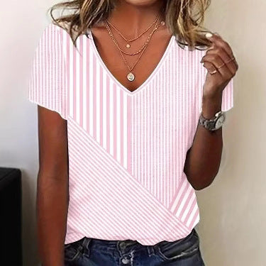 Women striped V-neck blouse with asymmetrical stripe mix and short sleeves StylebySassy