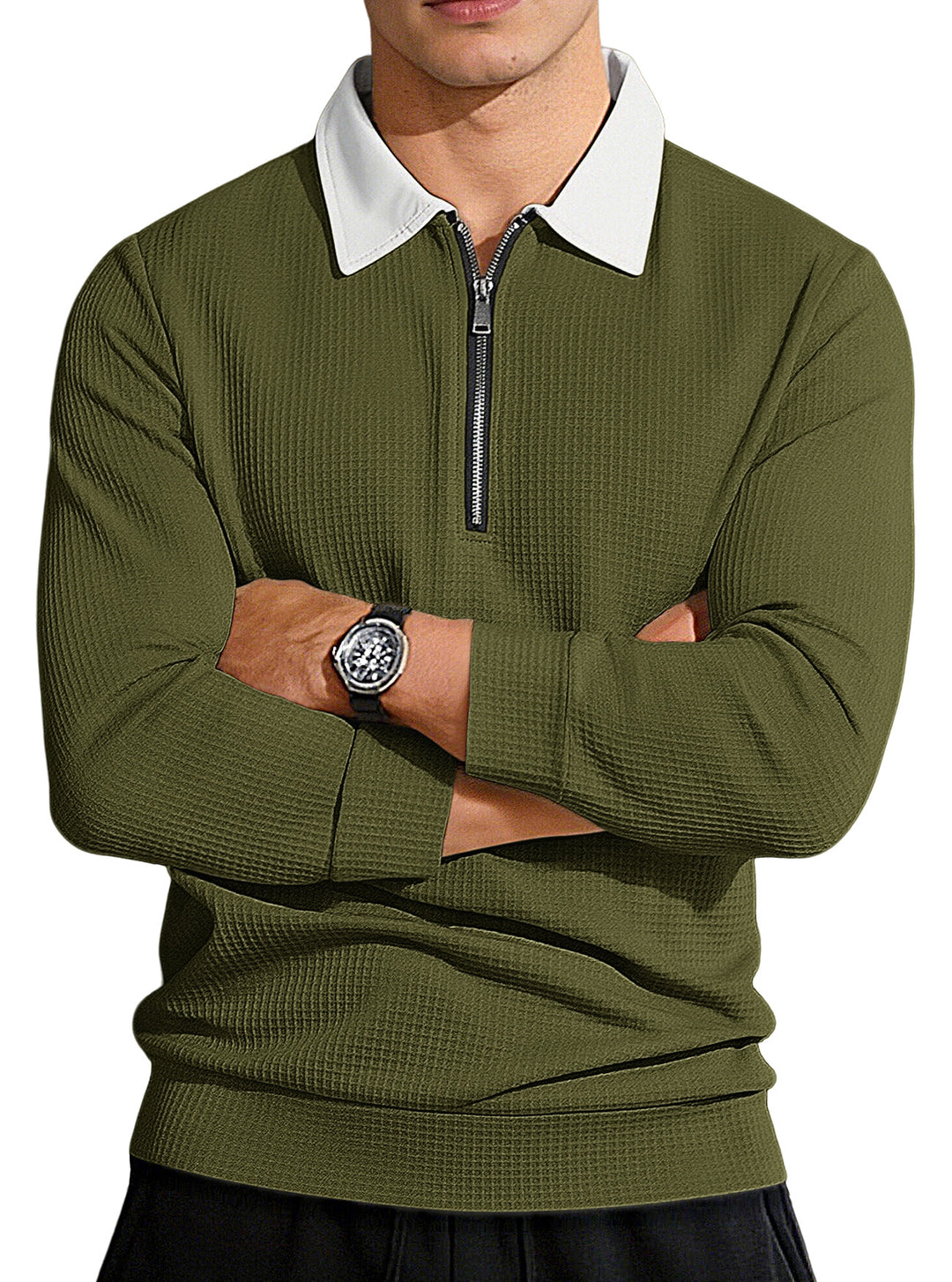 Men's structured waffle knit pullover with polo collar and short zipper StylebySassy