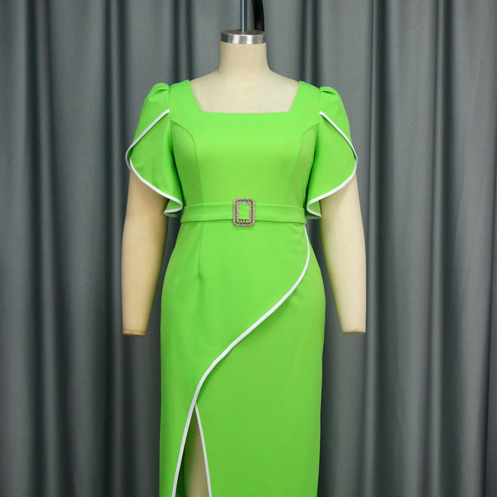 Women Elegant Maxi Dress with Asymmetric Slit and Ruffle Details StylebySassy