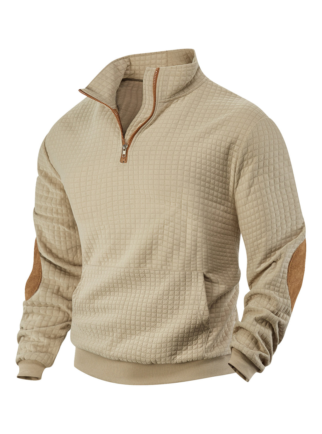 Men's waffle texture half-zip with stand-up collar, kangaroo pocket, and suede look elbow patches StylebySassy