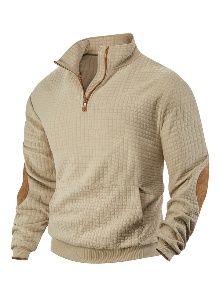 Men's waffle texture half-zip with stand-up collar, kangaroo pocket, and suede look elbow patches StylebySassy