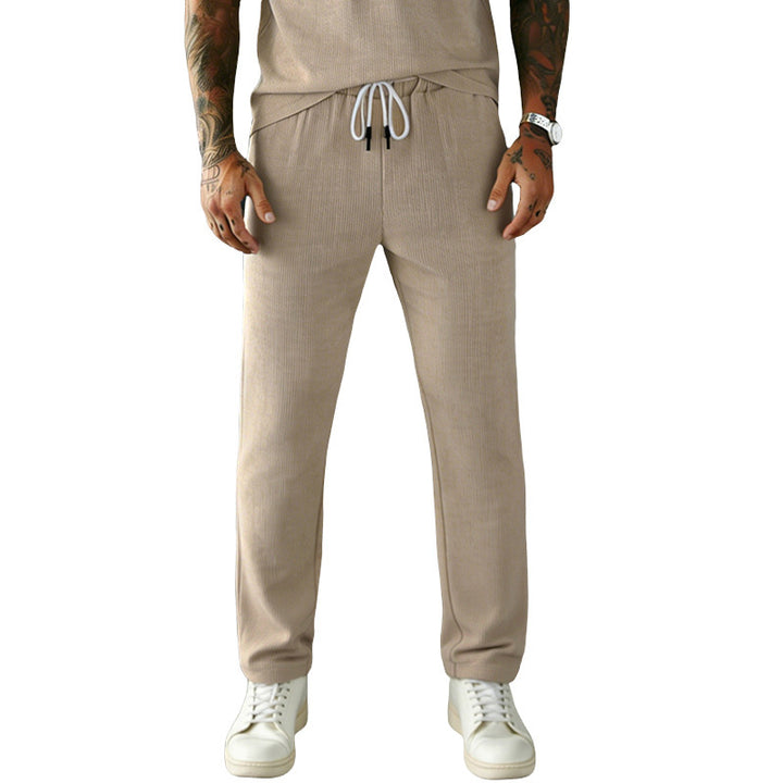 Men's narrow-cut comfort pants with elastic waistband, drawstring, and fine ribbed structure StylebySassy