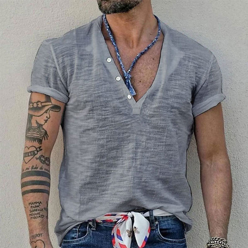 Men's short sleeve Henley style shirt made of slub cotton jersey with short button placket StylebySassy