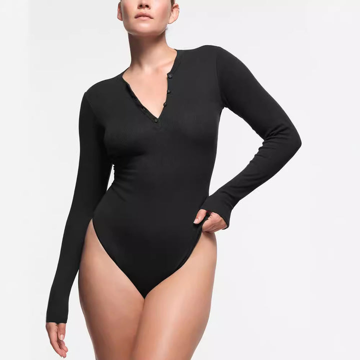 Women's Long Sleeve Bodysuit with Button Placket StylebySassy