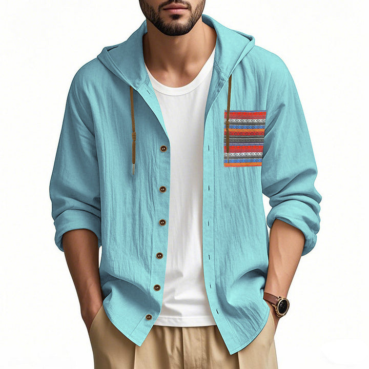Men's lightweight hooded shirt jacket made of structured cotton blend with ethnic chest pocket and button placket StylebySassy