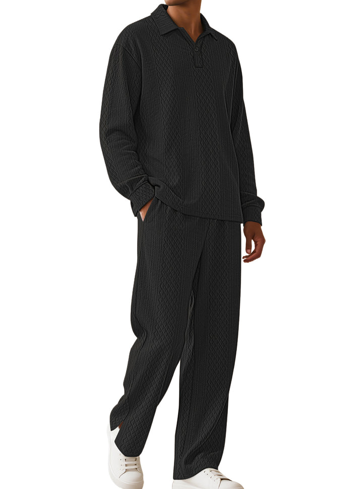 Men's jacquard knit set with polo collar, relaxed fit and straight pants StylebySassy