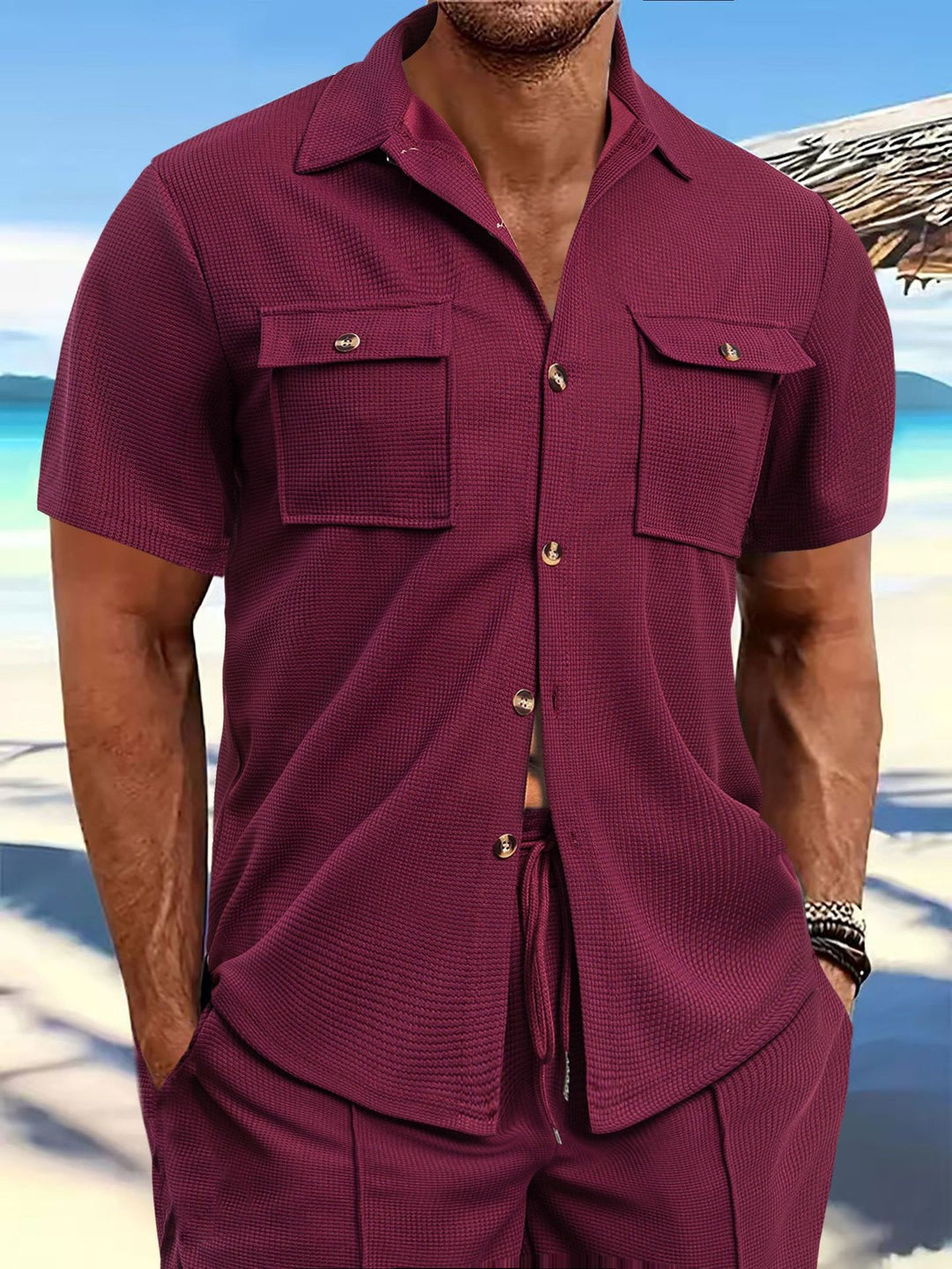 Men's structured waffle lounge set with shirt jacket, chest pockets and corded pants StylebySassy