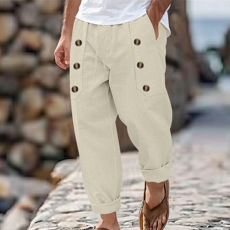 Men's loose linen trousers with decorative button stripes, rolled ankle cuffs, and side pockets StylebySassy