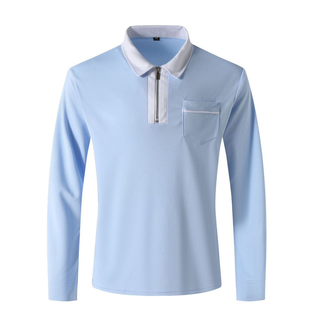 Men's elegant long-sleeve polo shirt with distinctive stand-up collar metal short zip and chest pocket StylebySassy