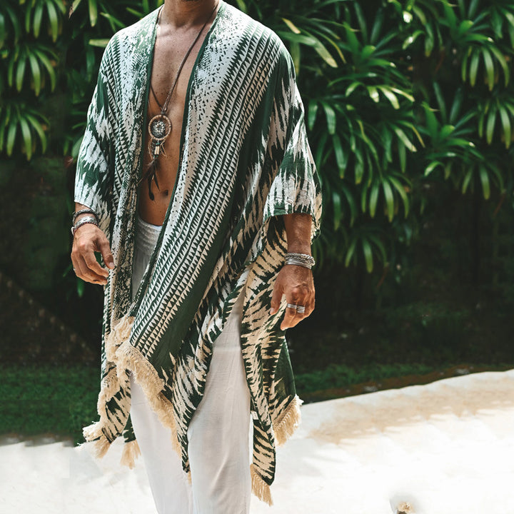 Men's lightweight beach poncho in kimono style with fringe StylebySassy