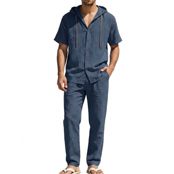 Men's airy linen lounge set with short-sleeved hoodie and straight relaxed pants StylebySassy