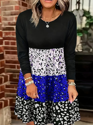 Ladies long-sleeve tiered dress with gathered empire waist and mixed animal print StylebySassy