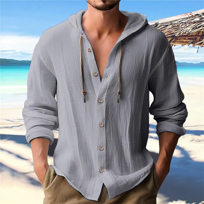 Men's hooded shirt in linen look with button placket and drawstring StylebySassy