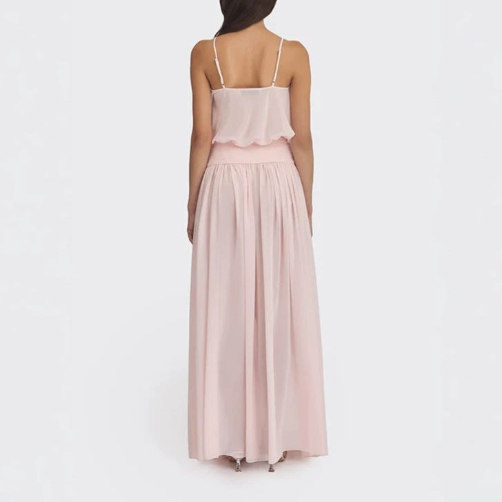 Women's maxi dress with flowing chiffon top and elastic waistband