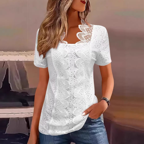 Ladies nan Lochstickerei blouse with lace yoke and square neckline StylebySassy