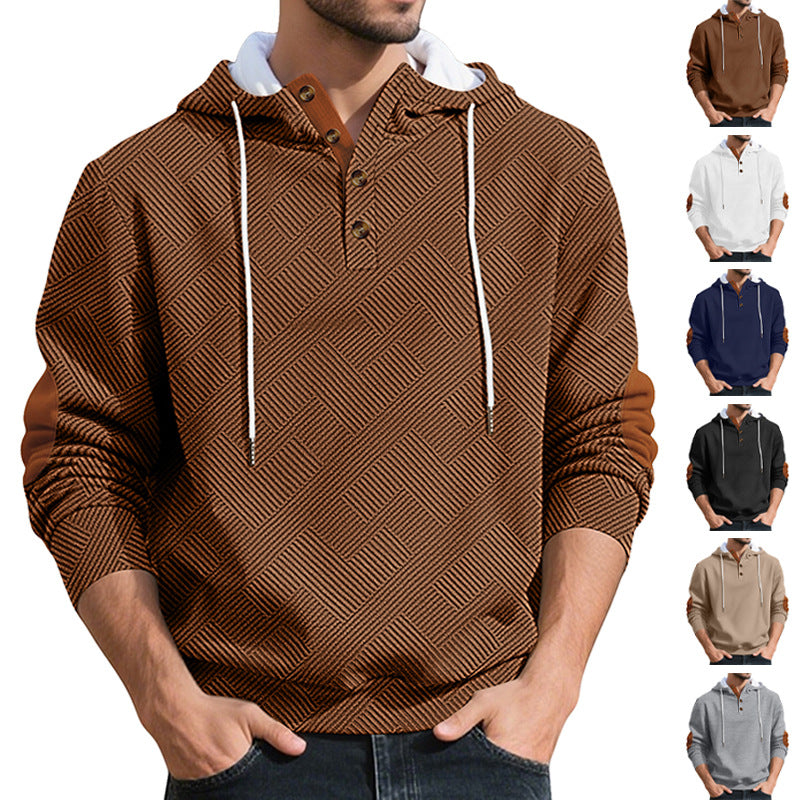 Men's structured hoodie henley pullover with jacquard texture, button placket, and elbow patches StylebySassy