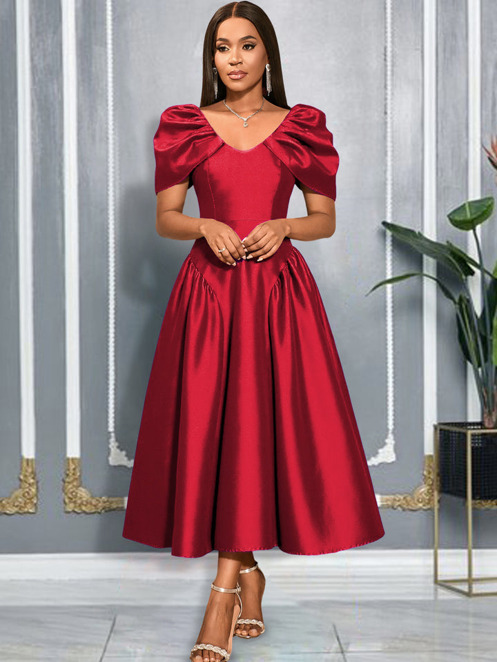Ladies Elegant Satin Evening Dress with Voluminous Puff Sleeves StylebySassy