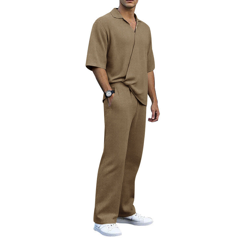 Men's finely structured two-piece set with open polo collar short sleeve shirt and straight comfort waistband pants StylebySassy