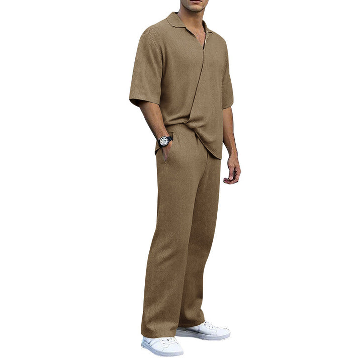 Men's finely structured two-piece set with open polo collar short sleeve shirt and straight comfort waistband pants StylebySassy