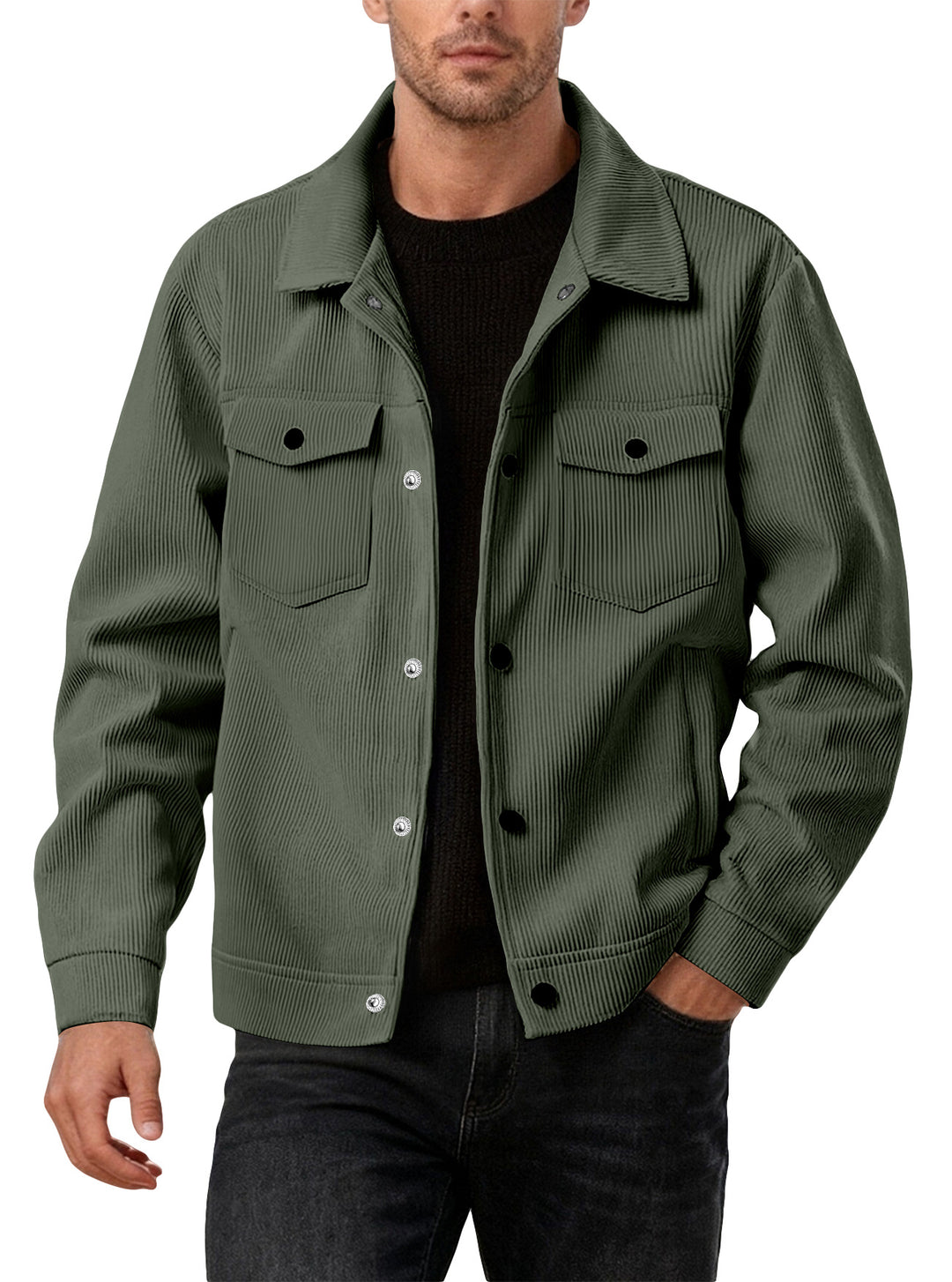 Men's cord jacket in the classic work jacket style with snap buttons and chest pockets StylebySassy