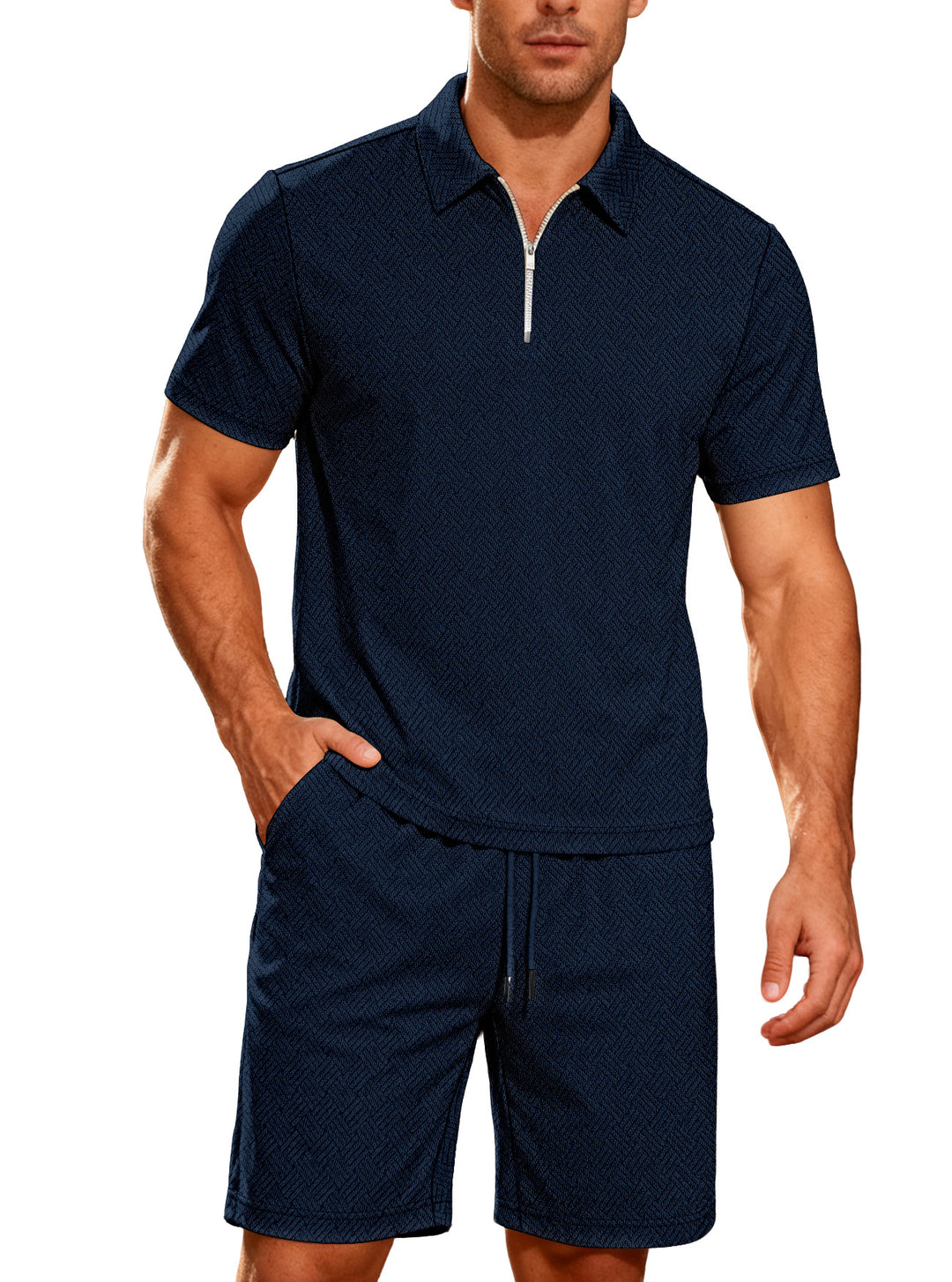 Men's comfortable lounge two-piece set made of structured cotton blend with half-zip polo shirt and drawstring shorts StylebySassy