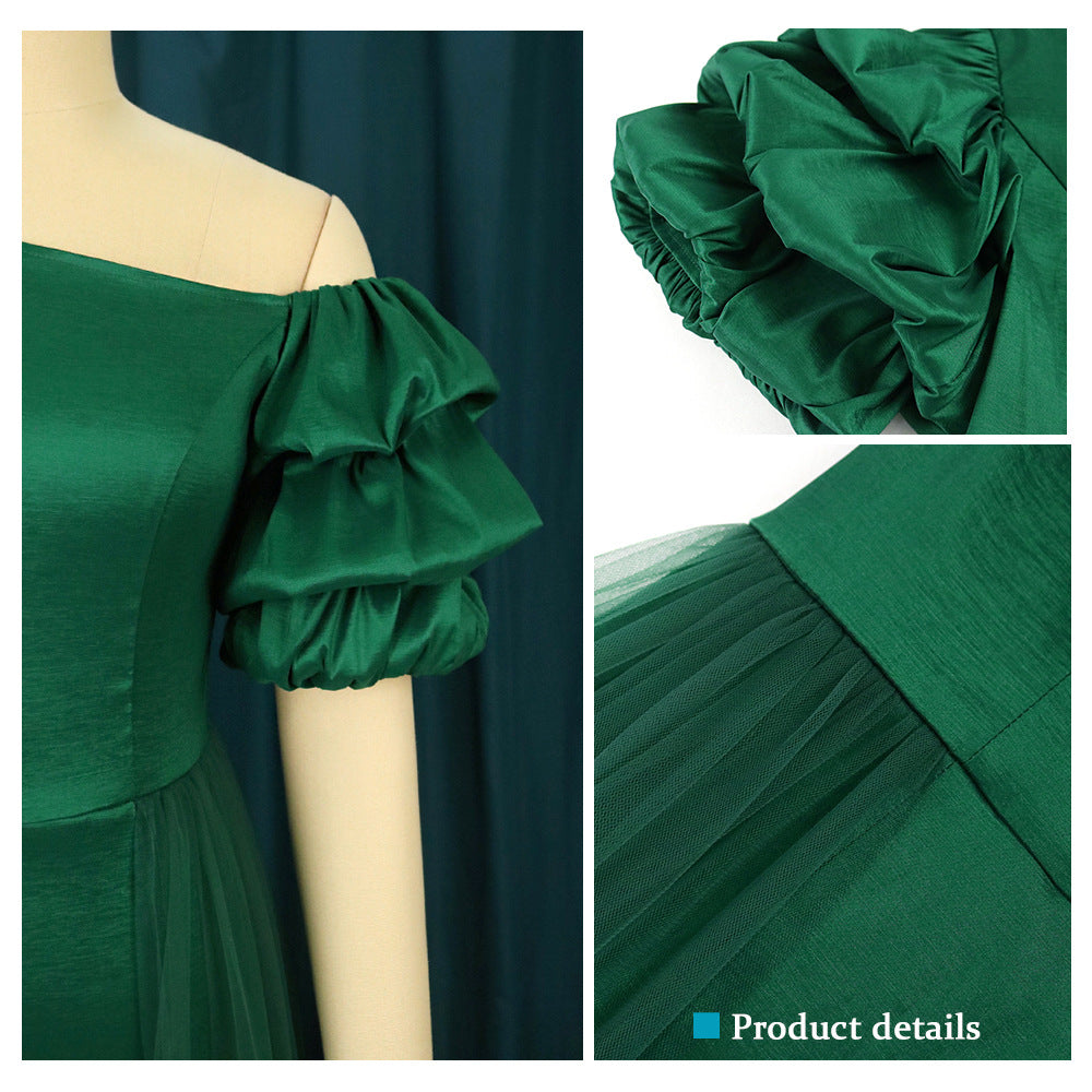 Women Elegant Tulle Dress with Asymmetrical Neckline and Voluminous Puff Sleeves StylebySassy