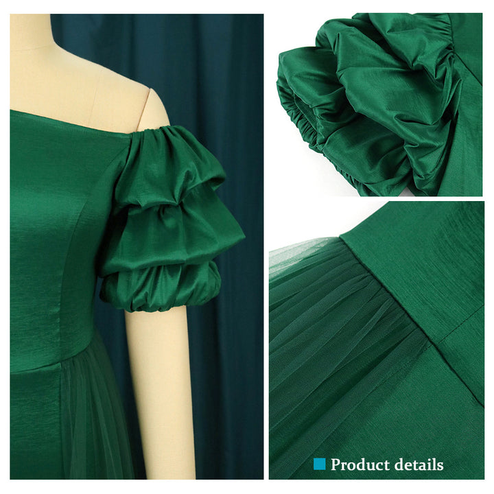 Women Elegant Tulle Dress with Asymmetrical Neckline and Voluminous Puff Sleeves StylebySassy