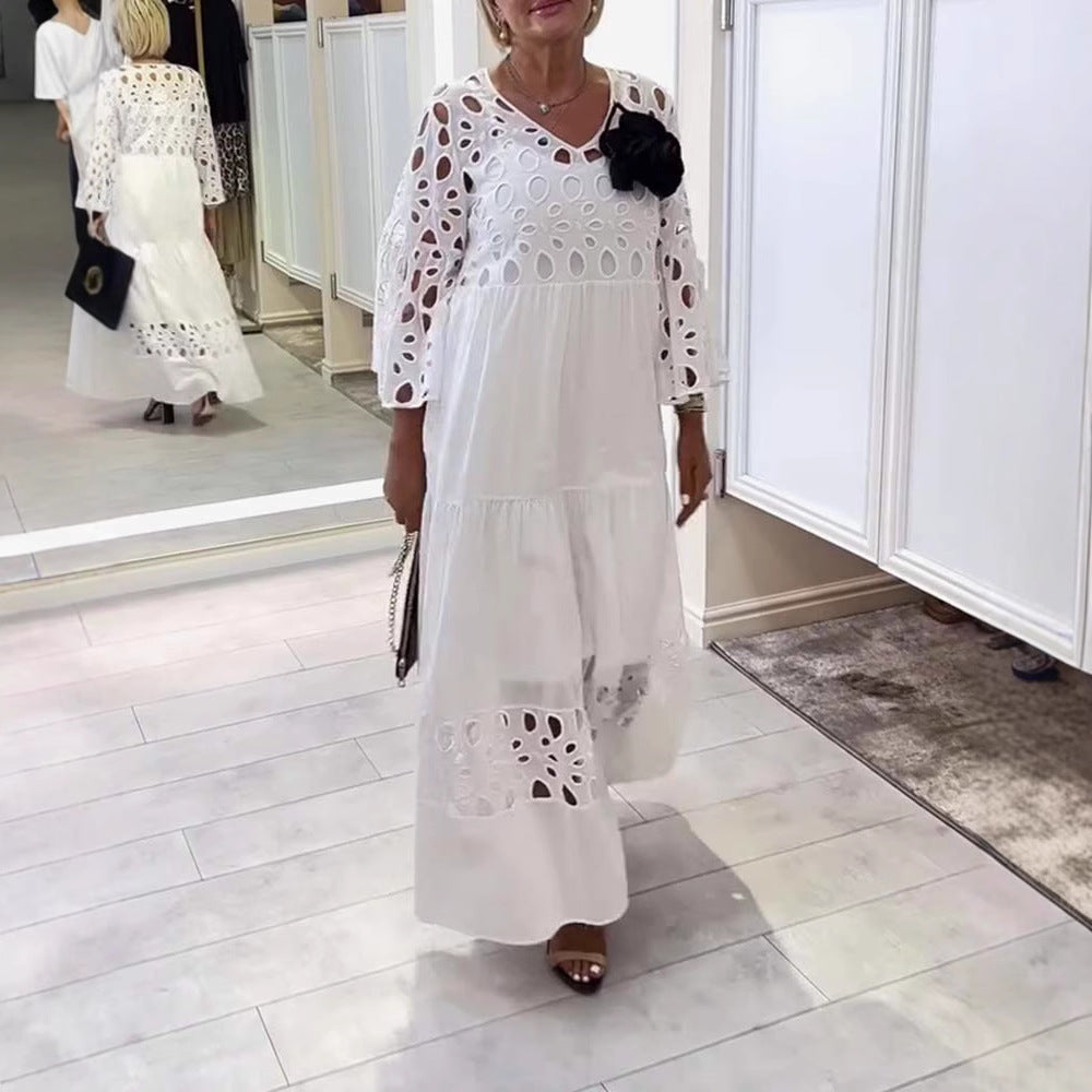 Women's maxi dress with openwork embroidery, V-neck, wide bell sleeves, and tiered hem StylebySassy