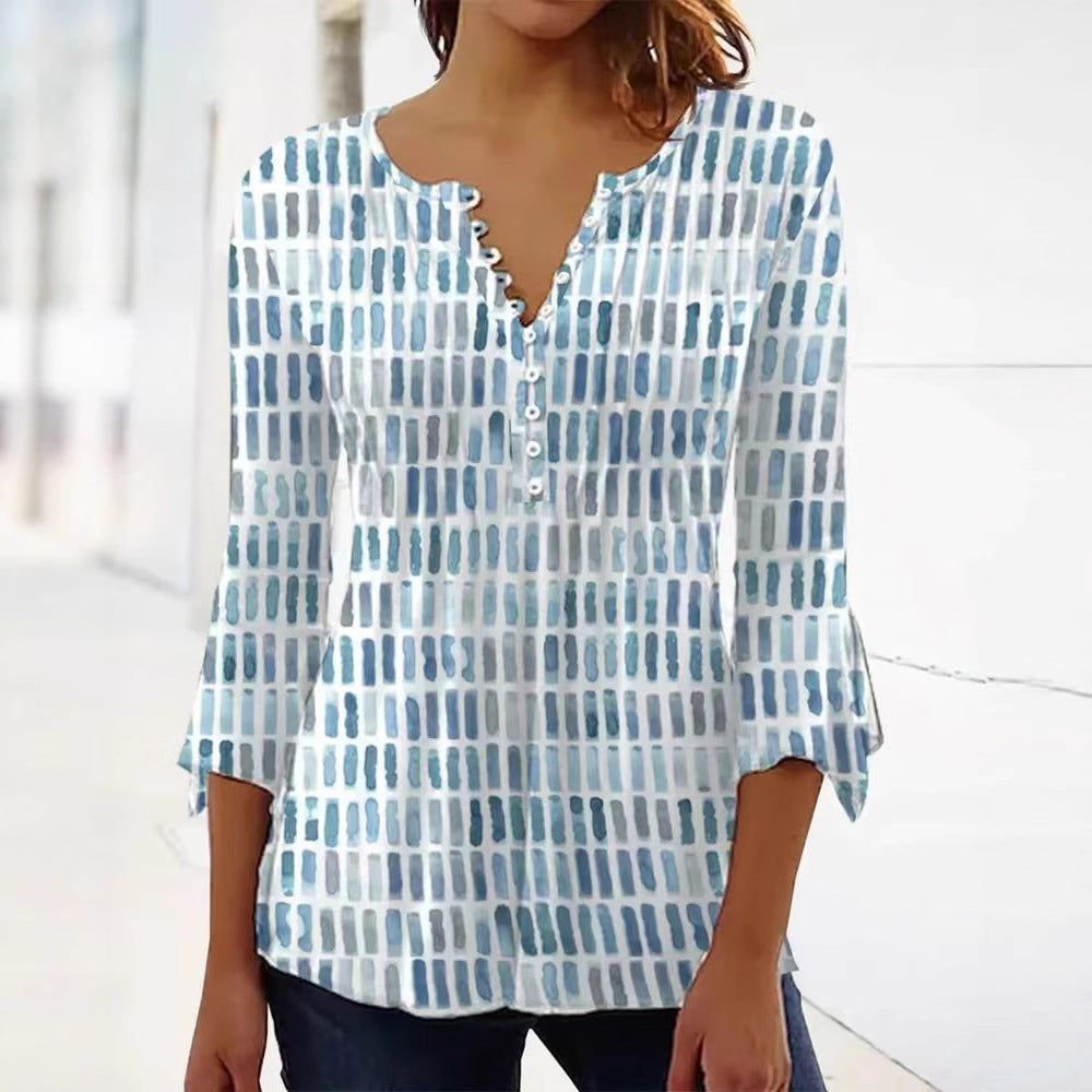 Women nan airy light watercolor print blouse shirt with Henley button placket and three-quarter bell sleeves StylebySassy